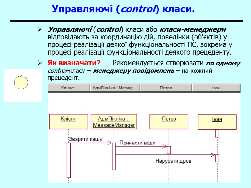 15 Управляючі (control) класи.  Управляючі (control) класи або класи-менеджери відповідають за координацію дій,